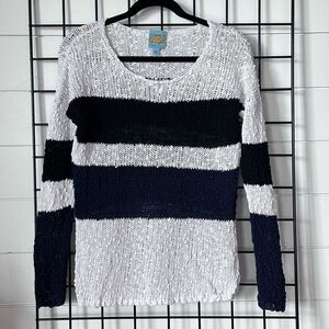 C&C California Open Knit Color Block Sweater Womens L White Black Blue‎